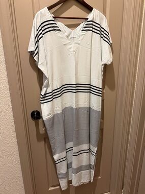 Striped V-Neck Maxi Dress - White with Black Stripes